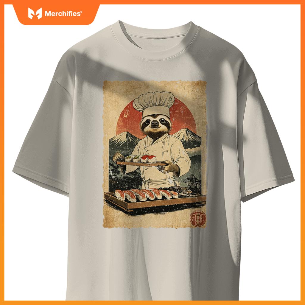 Japanese Food Art Cute Lazy Sloth Sushi Chef T-Shirt