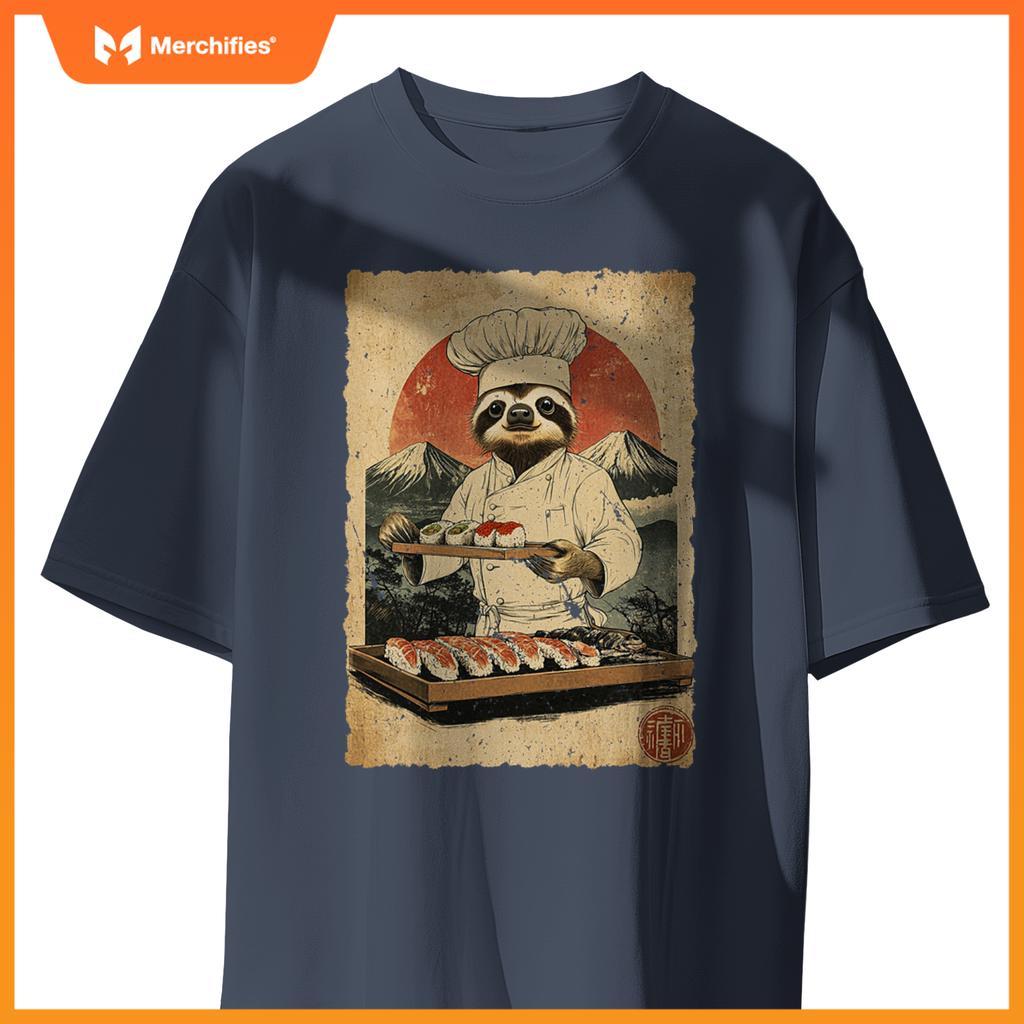 Japanese Food Art Cute Lazy Sloth Sushi Chef T-Shirt