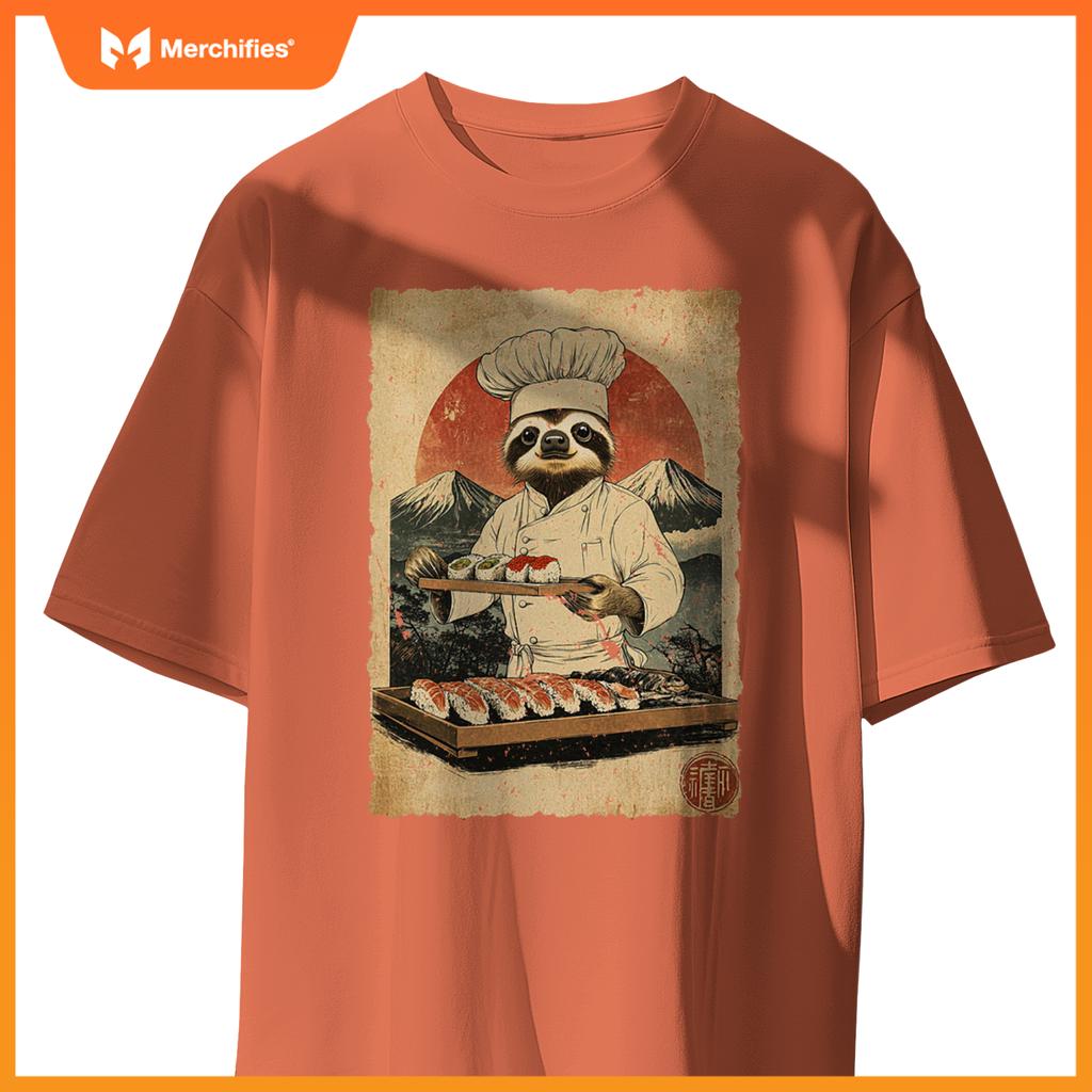 Japanese Food Art Cute Lazy Sloth Sushi Chef T-Shirt