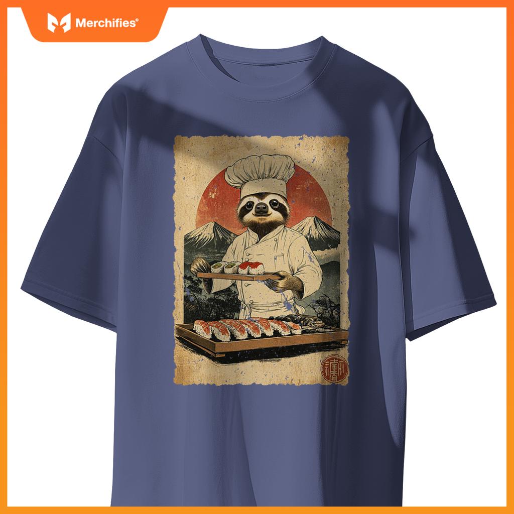 Japanese Food Art Cute Lazy Sloth Sushi Chef T-Shirt