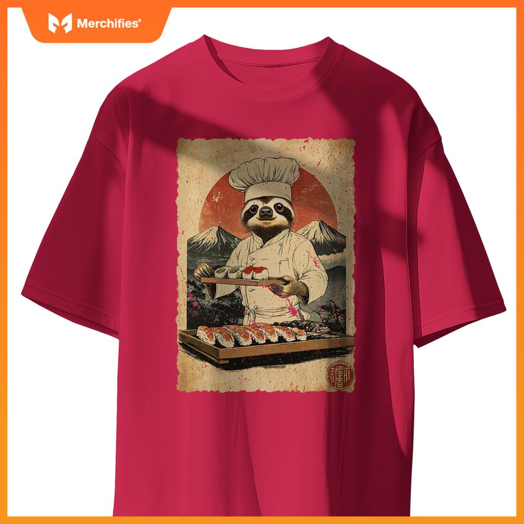 Japanese Food Art Cute Lazy Sloth Sushi Chef T-Shirt