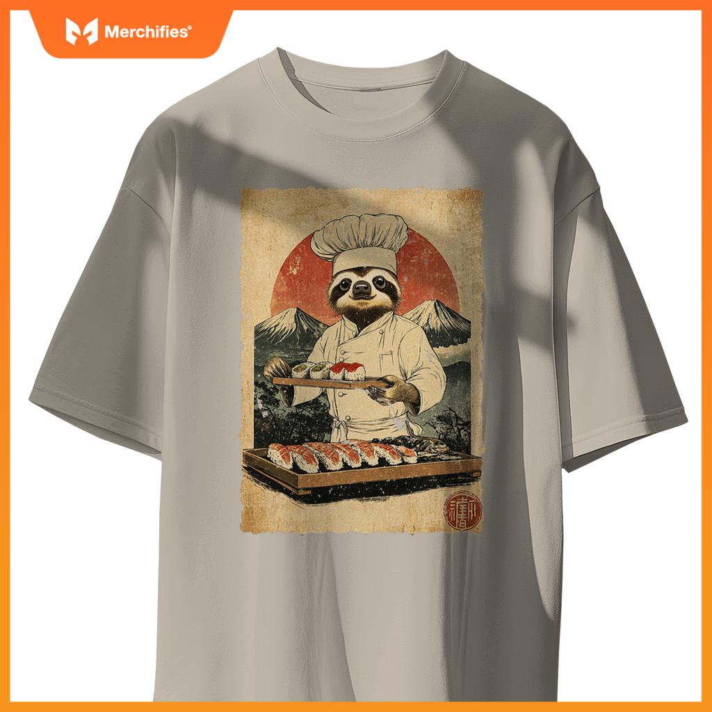 Japanese Food Art Cute Lazy Sloth Sushi Chef T-Shirt