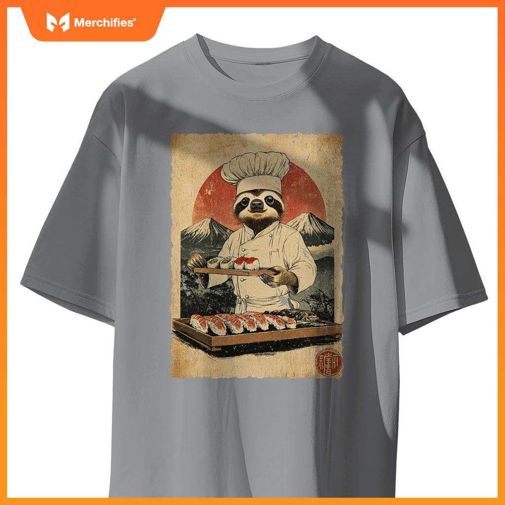 Japanese Food Art Cute Lazy Sloth Sushi Chef T-Shirt