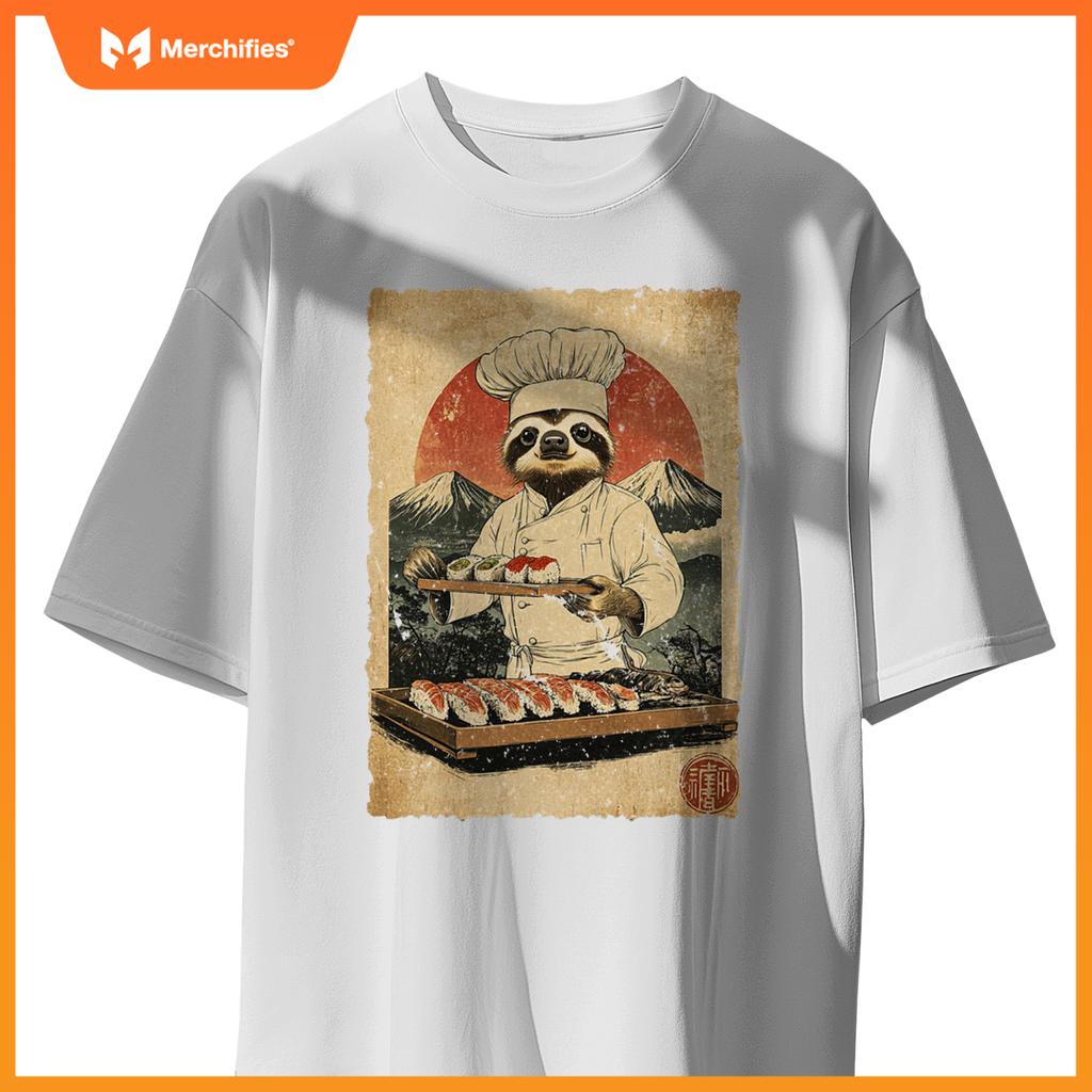 Japanese Food Art Cute Lazy Sloth Sushi Chef T-Shirt
