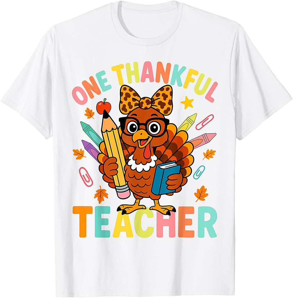 Cute Crayon Pencil One Thankful Teacher Thanksgiving Turkey T-Shirt