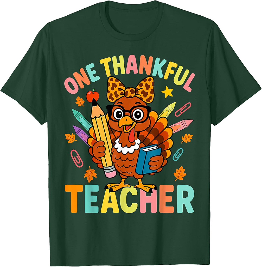 Cute Crayon Pencil One Thankful Teacher Thanksgiving Turkey T-Shirt
