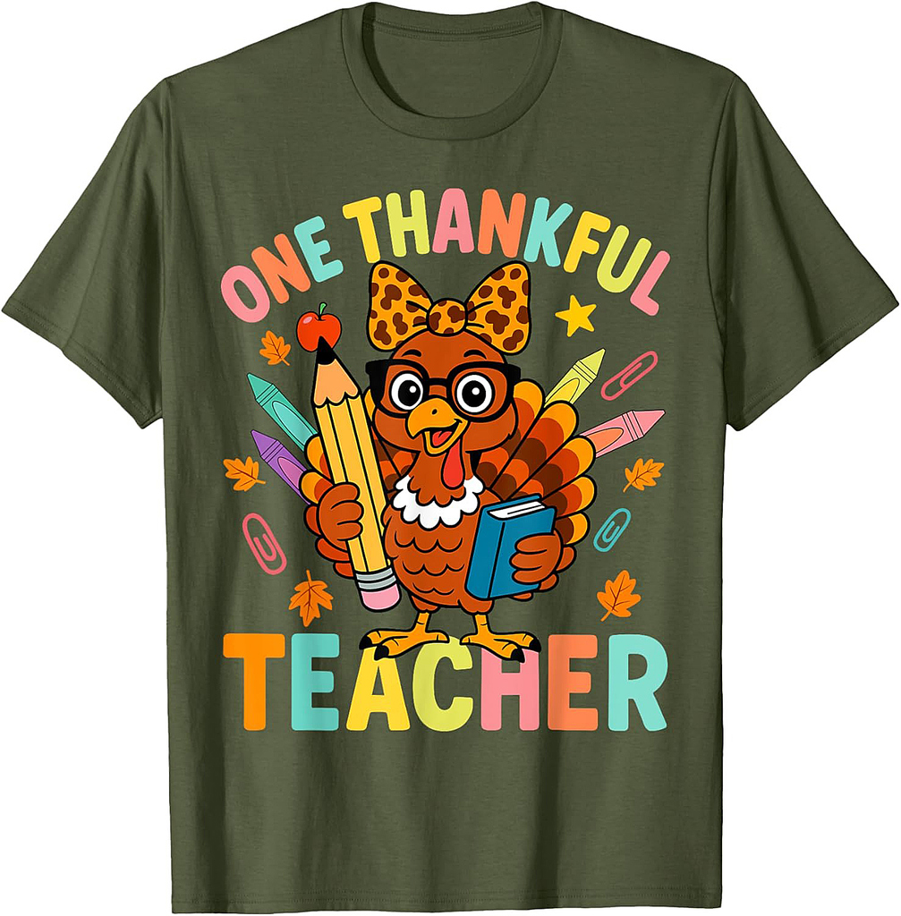 Cute Crayon Pencil One Thankful Teacher Thanksgiving Turkey T-Shirt