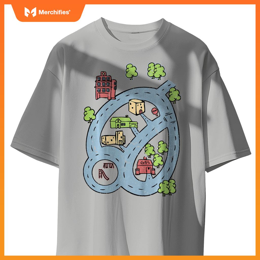 Kids Kids Race Track Road Map Car Play Mat On Front T-Shirt