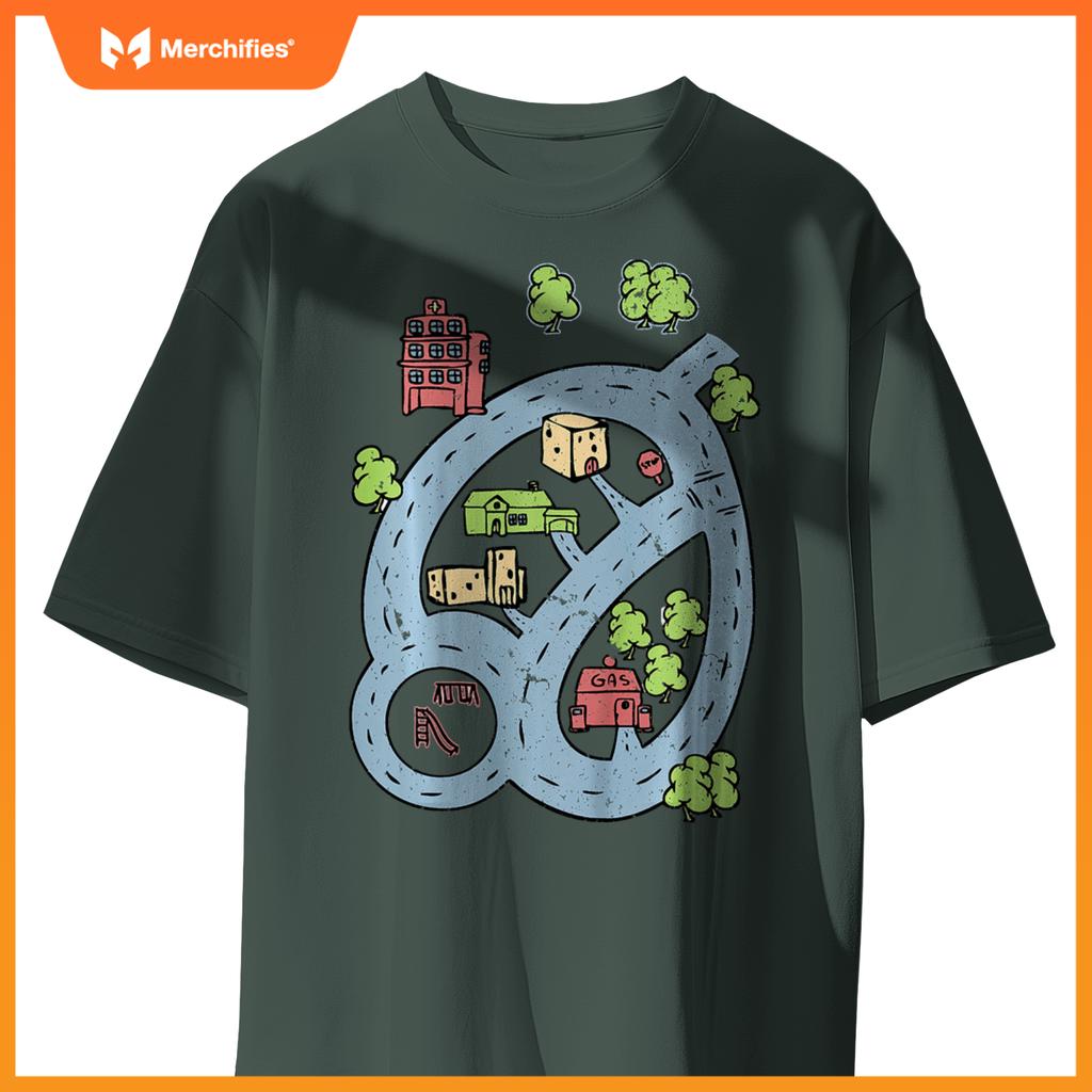 Kids Kids Race Track Road Map Car Play Mat On Front T-Shirt