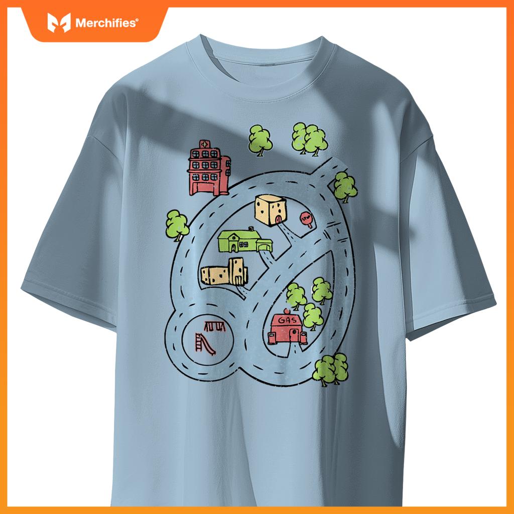 Kids Kids Race Track Road Map Car Play Mat On Front T-Shirt