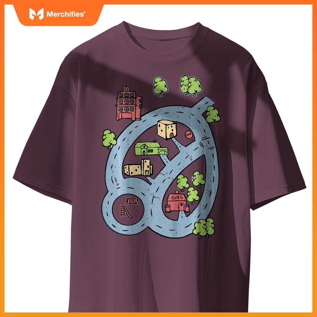 Kids Kids Race Track Road Map Car Play Mat On Front T-Shirt