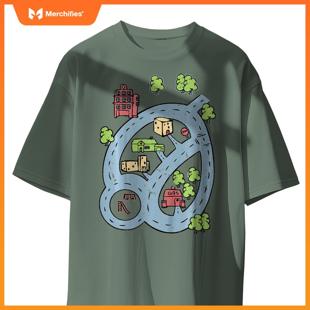 Kids Kids Race Track Road Map Car Play Mat On Front T-Shirt