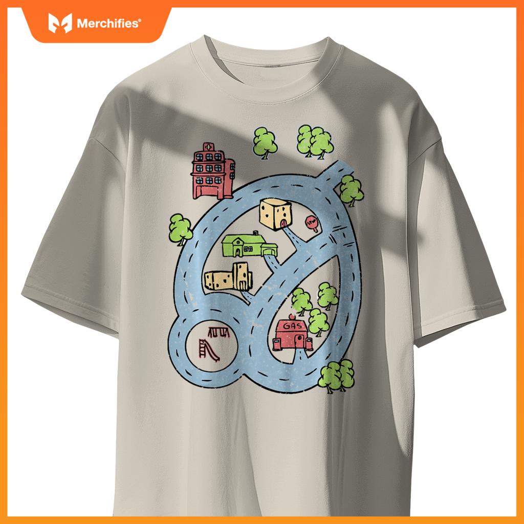 Kids Kids Race Track Road Map Car Play Mat On Front T-Shirt