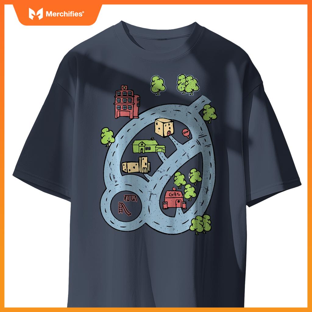 Kids Kids Race Track Road Map Car Play Mat On Front T-Shirt
