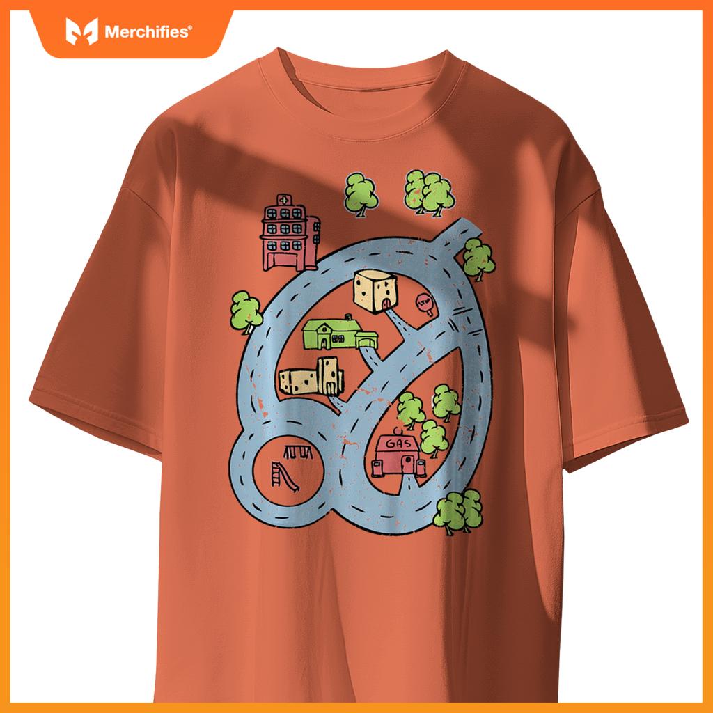 Kids Kids Race Track Road Map Car Play Mat On Front T-Shirt