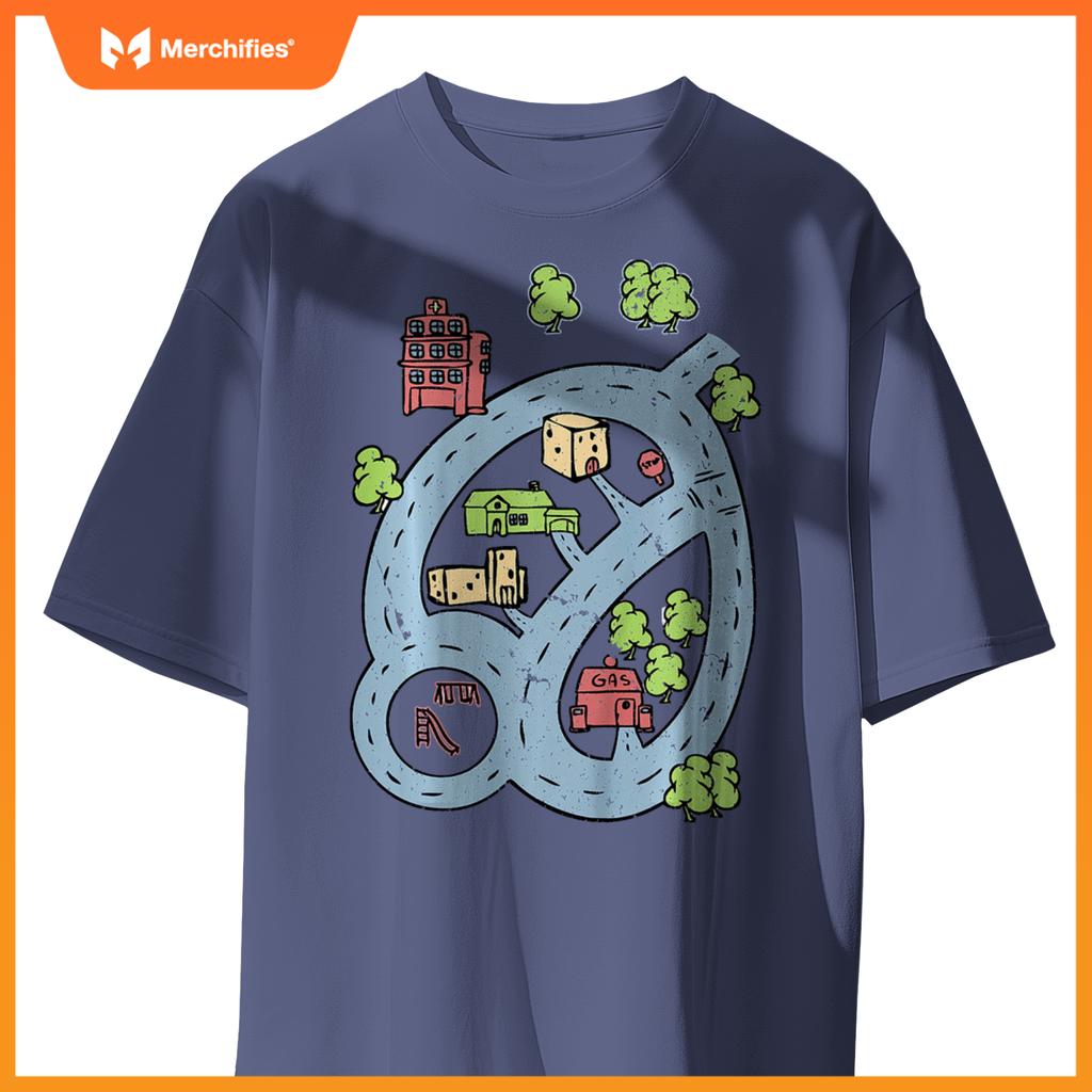 Kids Kids Race Track Road Map Car Play Mat On Front T-Shirt