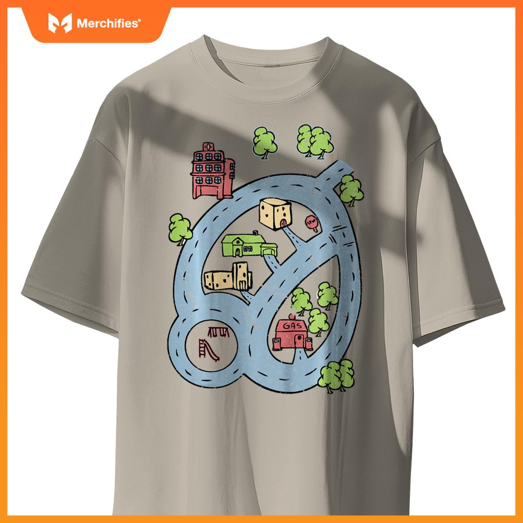 Kids Kids Race Track Road Map Car Play Mat On Front T-Shirt