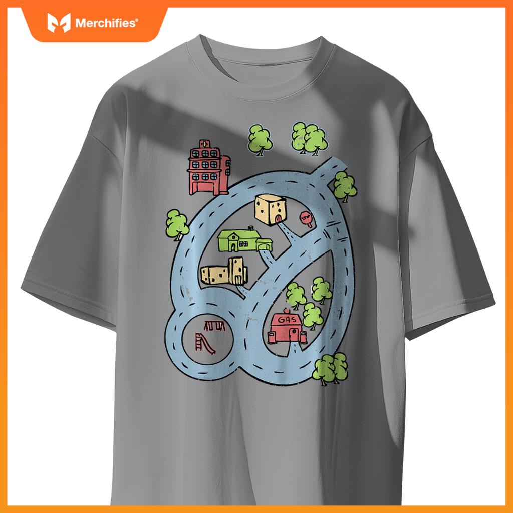 Kids Kids Race Track Road Map Car Play Mat On Front T-Shirt