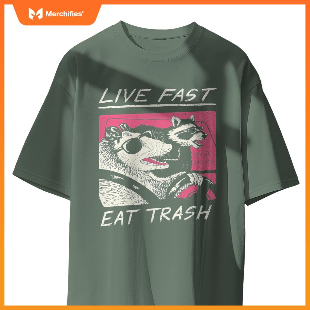 Live Fast Eat Trash And Get Hit By A Car Sunset Raccoon T-Shirt