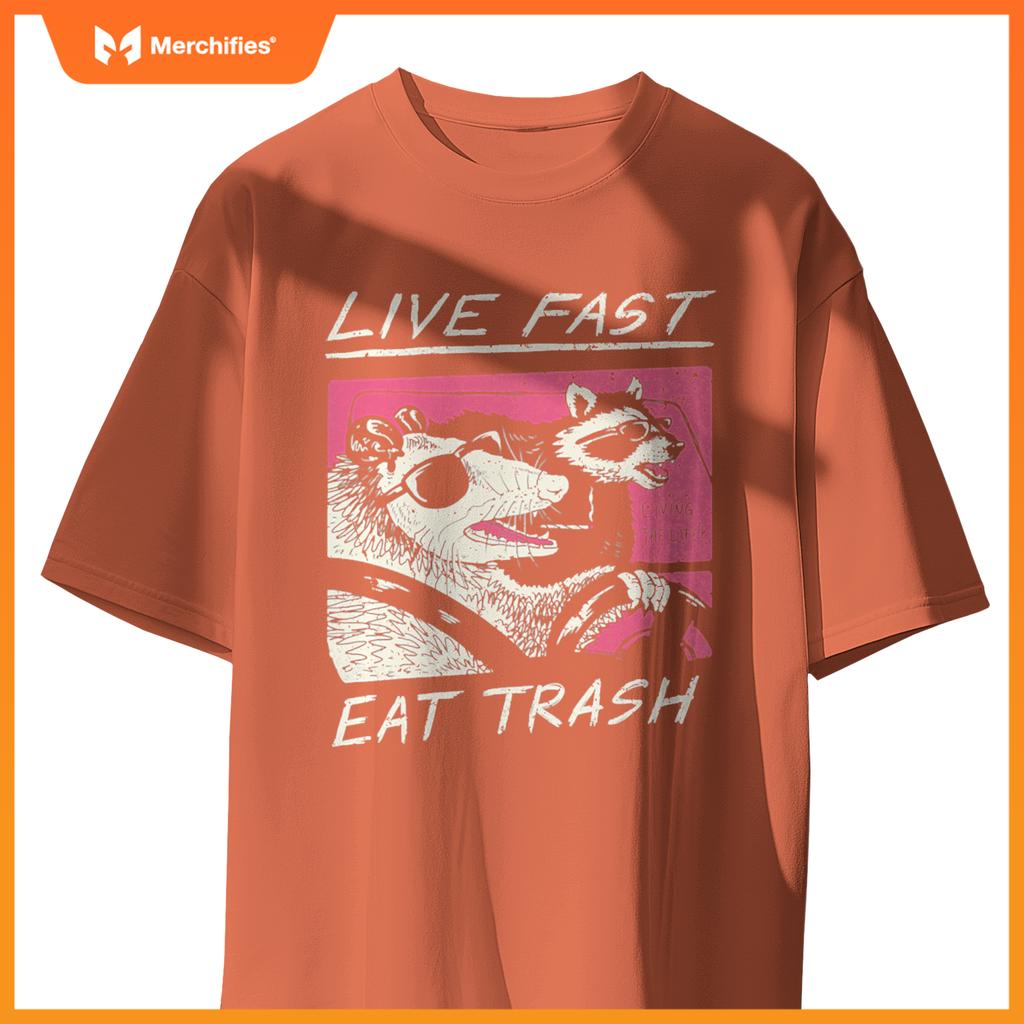 Live Fast Eat Trash And Get Hit By A Car Sunset Raccoon T-Shirt