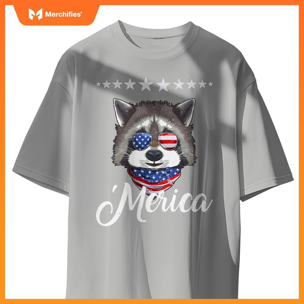 Merica patriotic usa flag fun raccoon sunglusses 4th of july T-Shirt