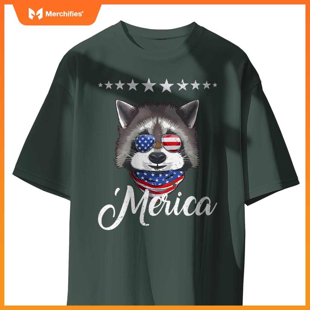 Merica patriotic usa flag fun raccoon sunglusses 4th of july T-Shirt