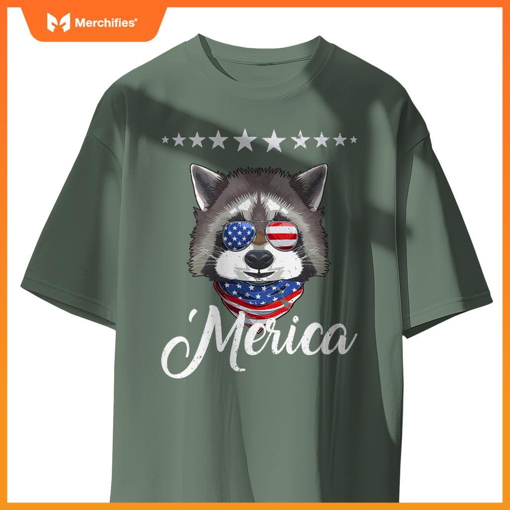 Merica patriotic usa flag fun raccoon sunglusses 4th of july T-Shirt