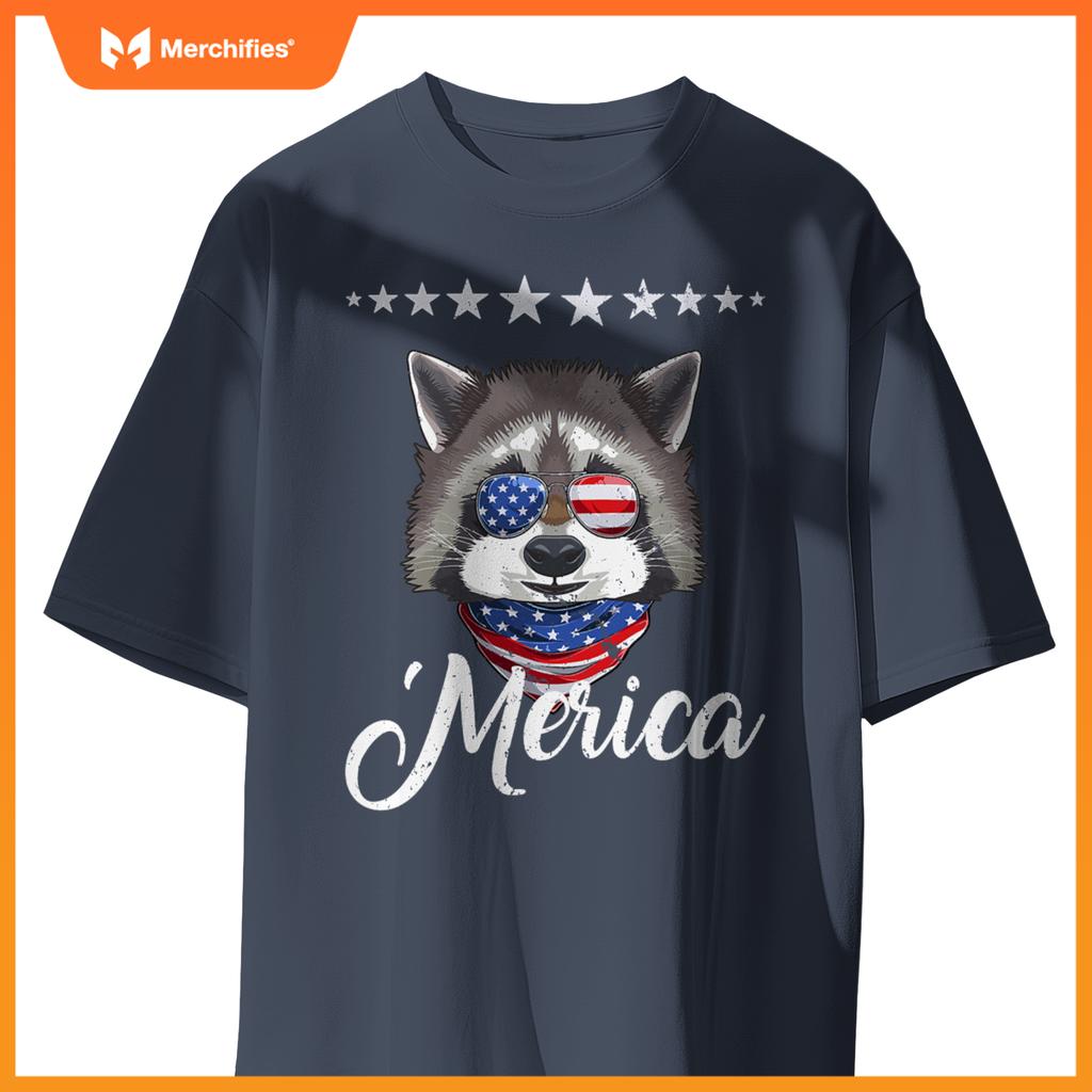 Merica patriotic usa flag fun raccoon sunglusses 4th of july T-Shirt