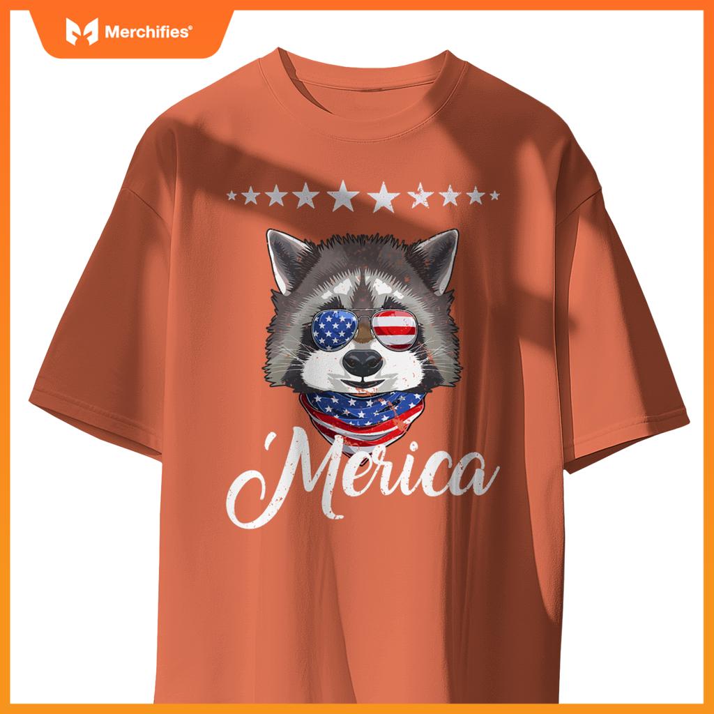 Merica patriotic usa flag fun raccoon sunglusses 4th of july T-Shirt
