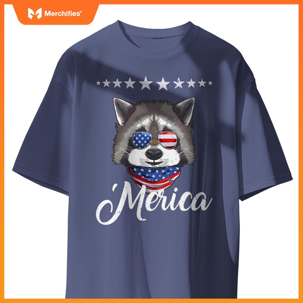 Merica patriotic usa flag fun raccoon sunglusses 4th of july T-Shirt