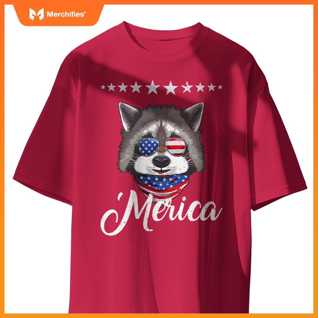 Merica patriotic usa flag fun raccoon sunglusses 4th of july T-Shirt