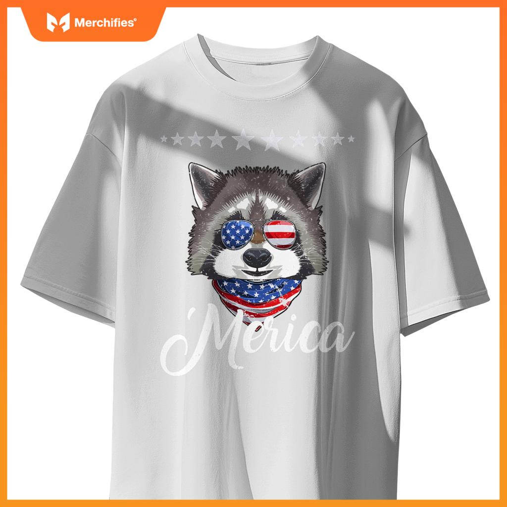 Merica patriotic usa flag fun raccoon sunglusses 4th of july T-Shirt