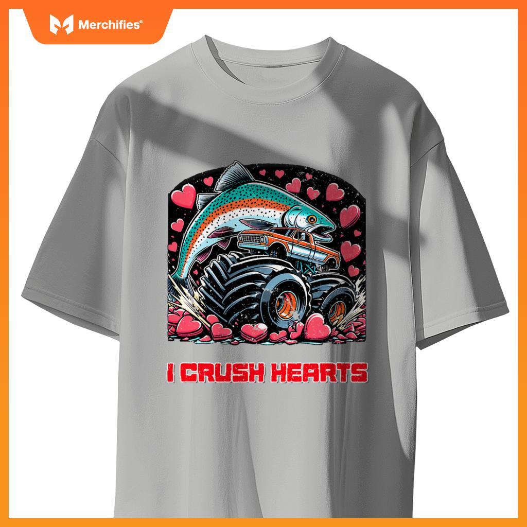 Monster Truck I Crush Hearts Coho Salmon Fish Valentines T-Shirt
