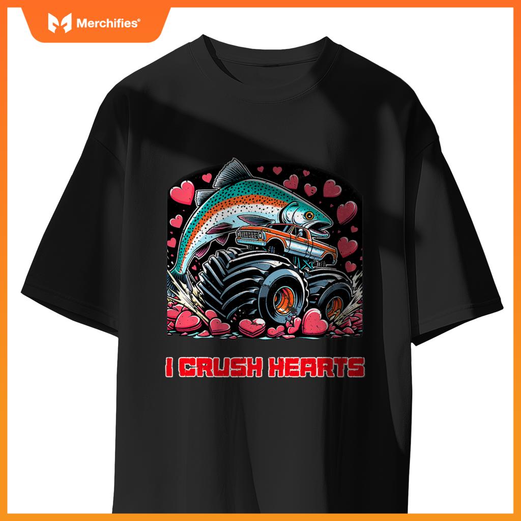 Monster Truck I Crush Hearts Coho Salmon Fish Valentines T-Shirt
