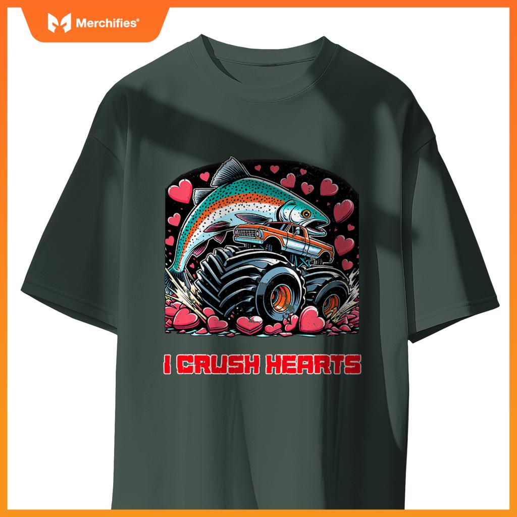 Monster Truck I Crush Hearts Coho Salmon Fish Valentines T-Shirt
