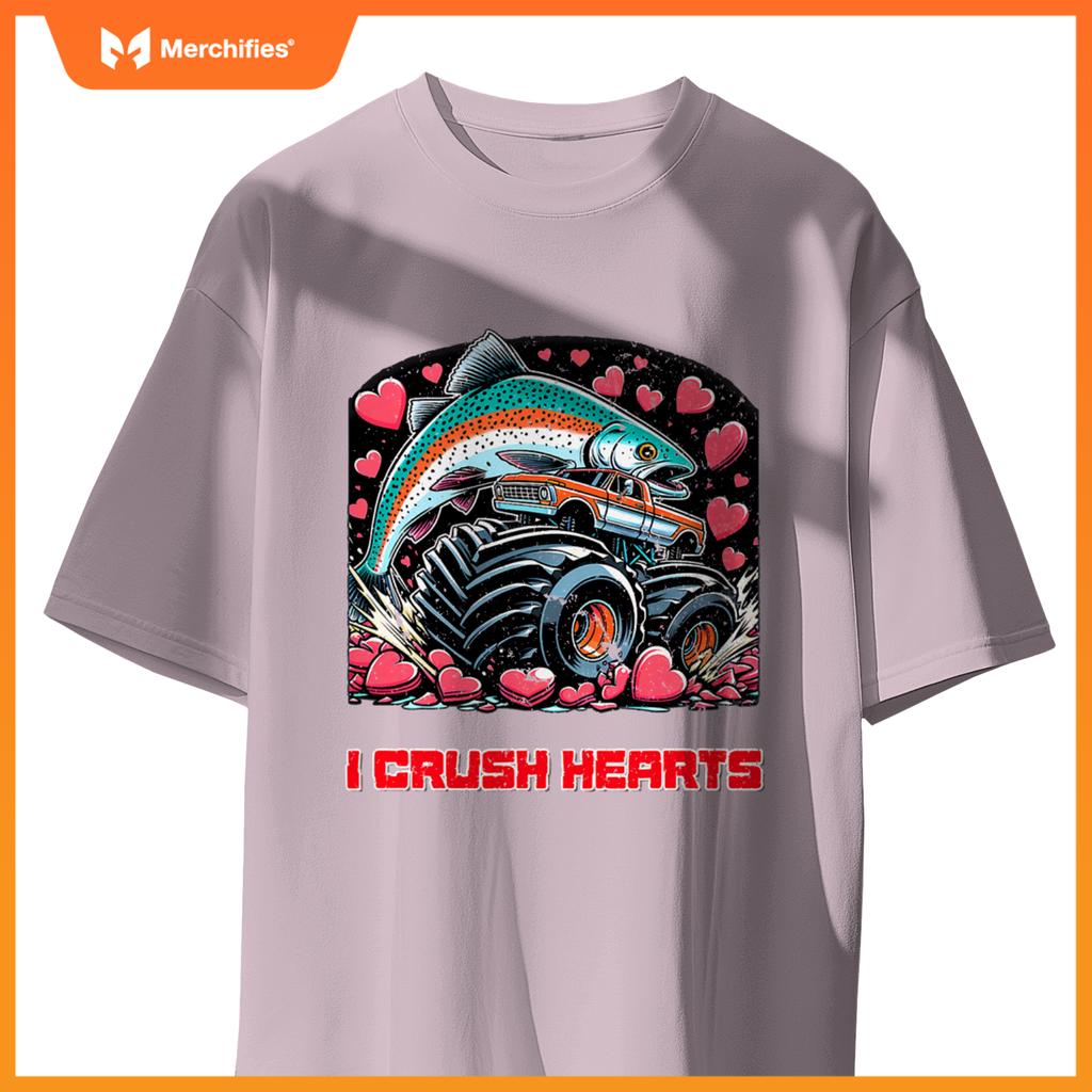 Monster Truck I Crush Hearts Coho Salmon Fish Valentines T-Shirt