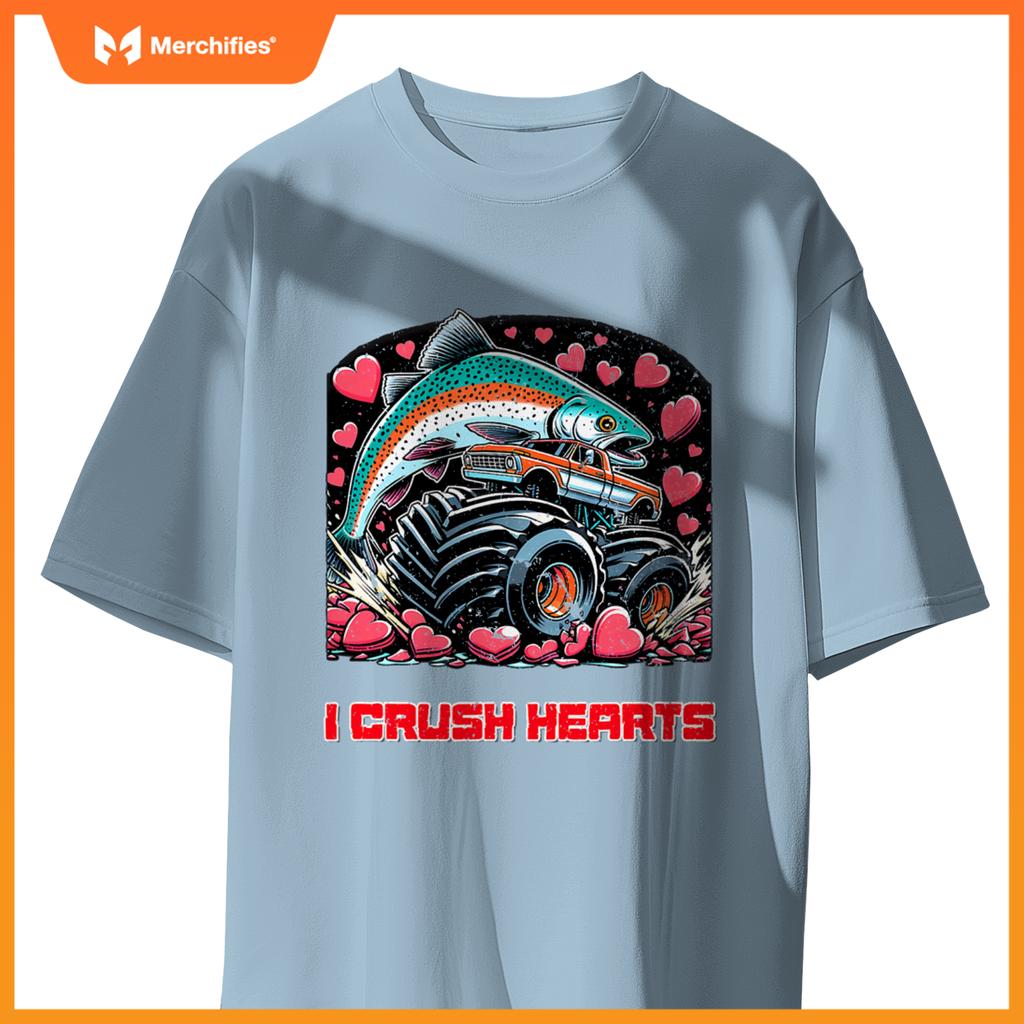 Monster Truck I Crush Hearts Coho Salmon Fish Valentines T-Shirt