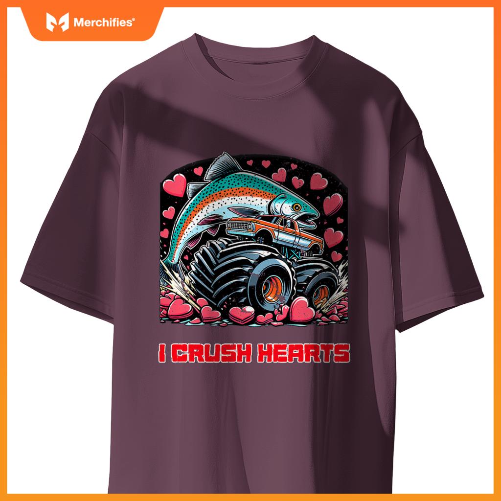 Monster Truck I Crush Hearts Coho Salmon Fish Valentines T-Shirt