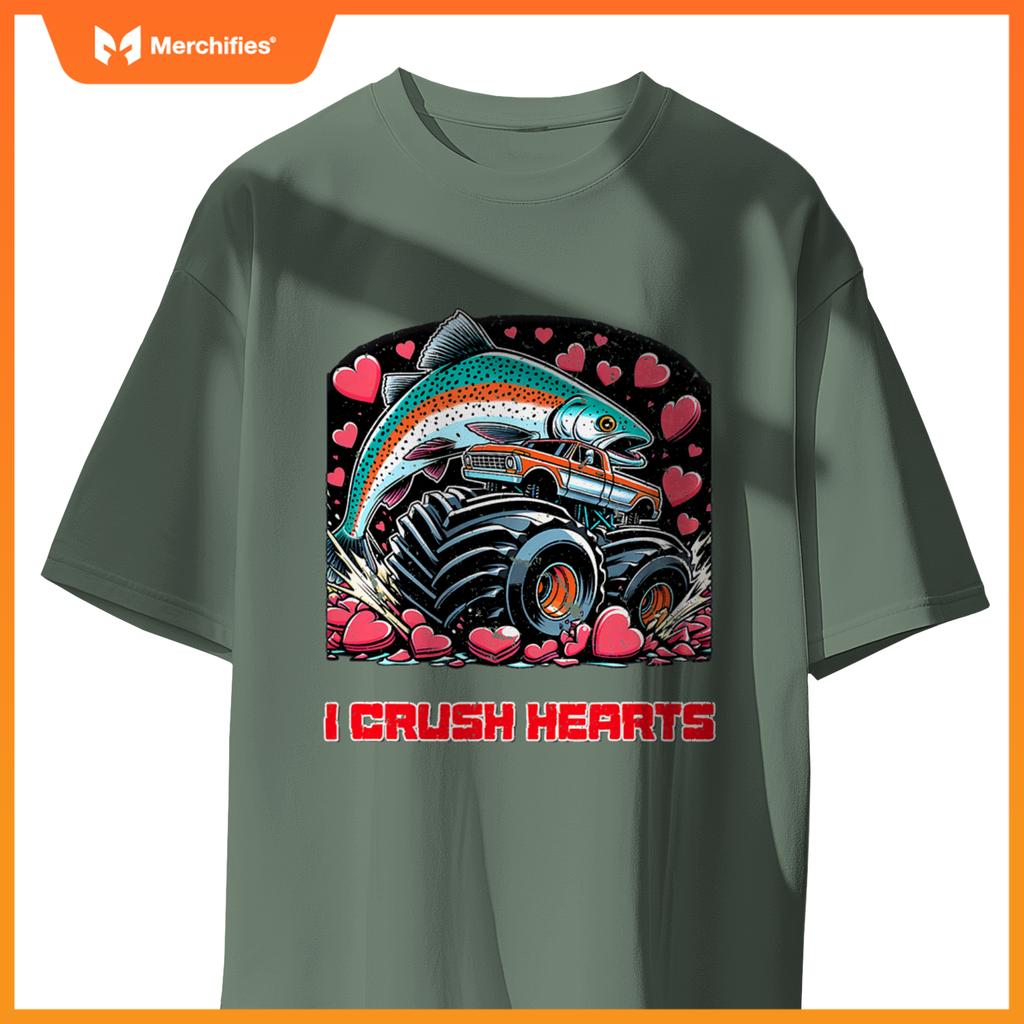 Monster Truck I Crush Hearts Coho Salmon Fish Valentines T-Shirt