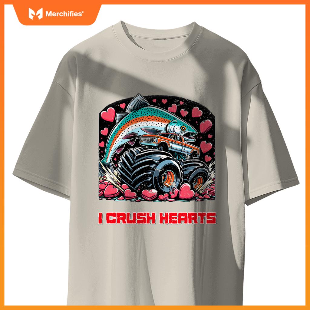 Monster Truck I Crush Hearts Coho Salmon Fish Valentines T-Shirt