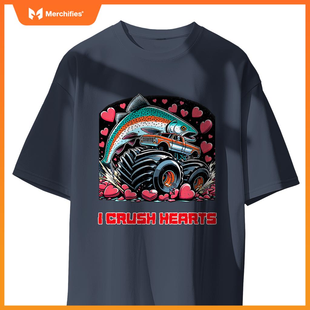 Monster Truck I Crush Hearts Coho Salmon Fish Valentines T-Shirt