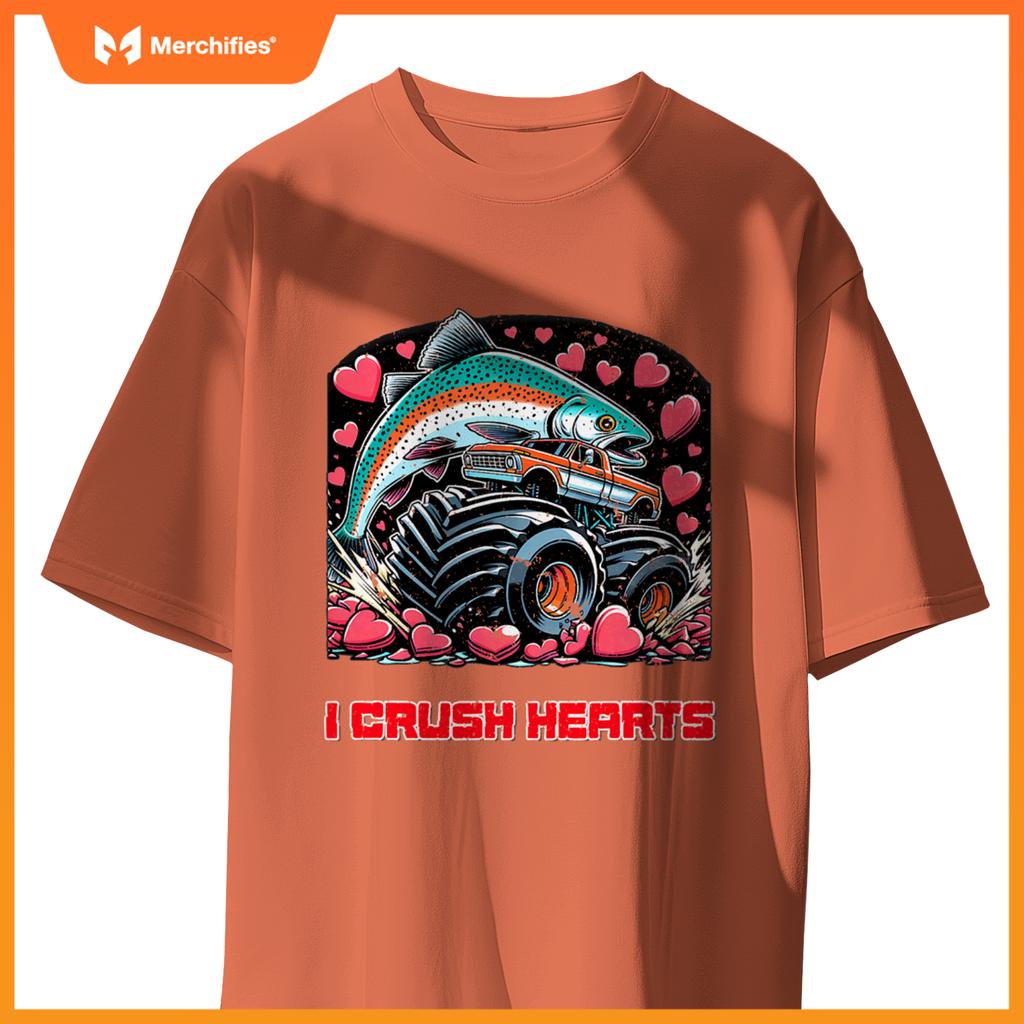 Monster Truck I Crush Hearts Coho Salmon Fish Valentines T-Shirt