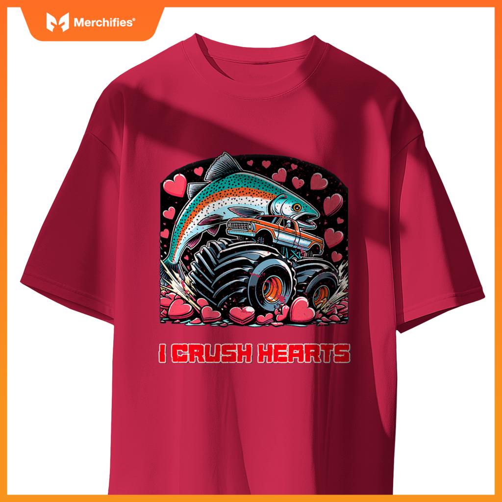 Monster Truck I Crush Hearts Coho Salmon Fish Valentines T-Shirt