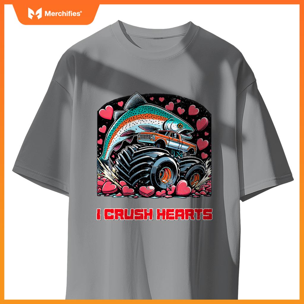 Monster Truck I Crush Hearts Coho Salmon Fish Valentines T-Shirt