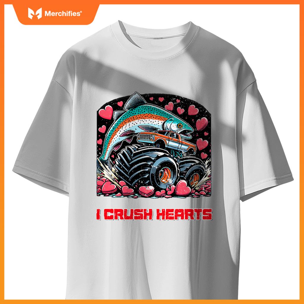 Monster Truck I Crush Hearts Coho Salmon Fish Valentines T-Shirt