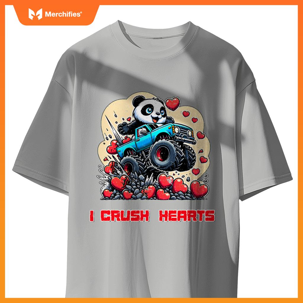 Monster Truck I Crush Hearts Panda Valentines T-Shirt