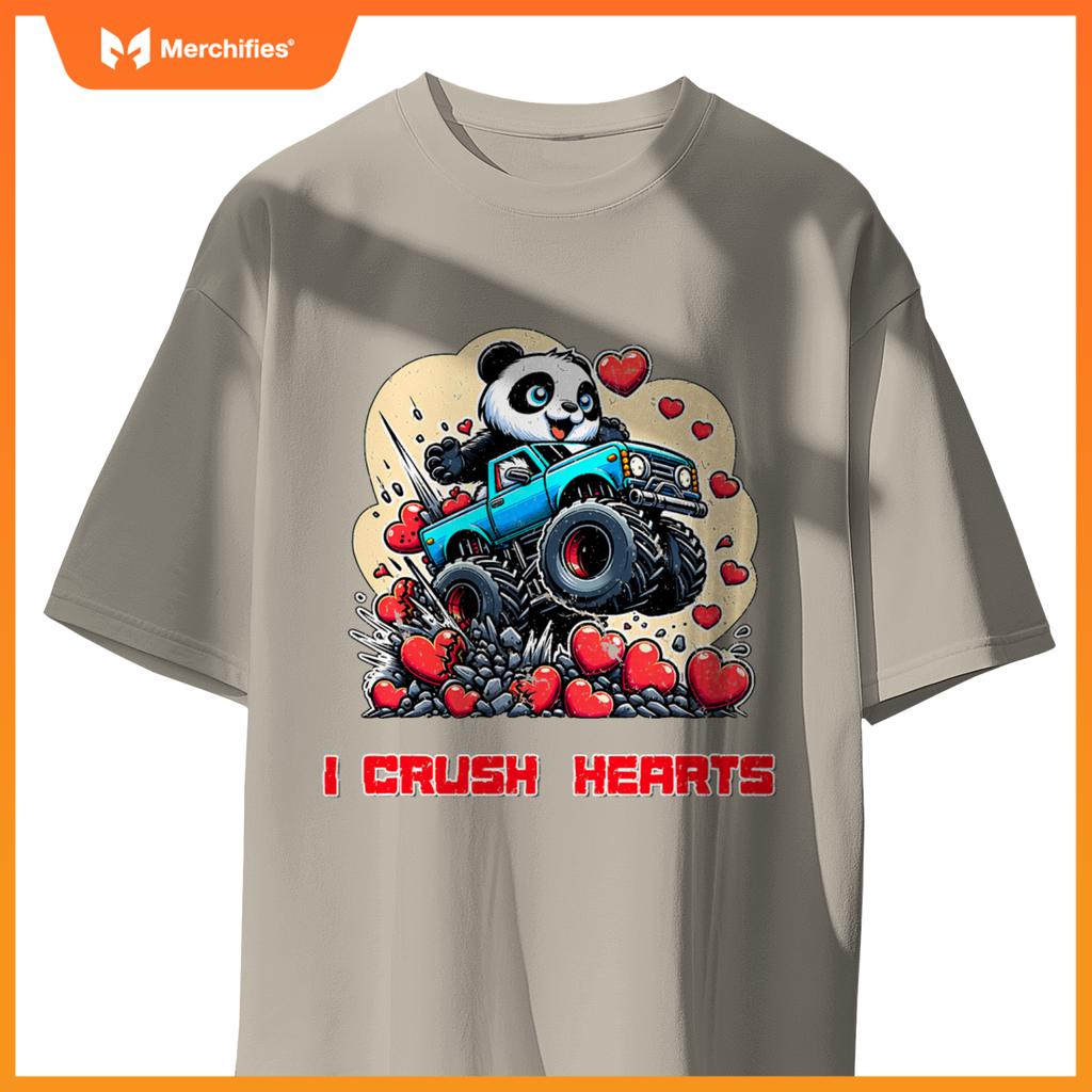 Monster Truck I Crush Hearts Panda Valentines T-Shirt