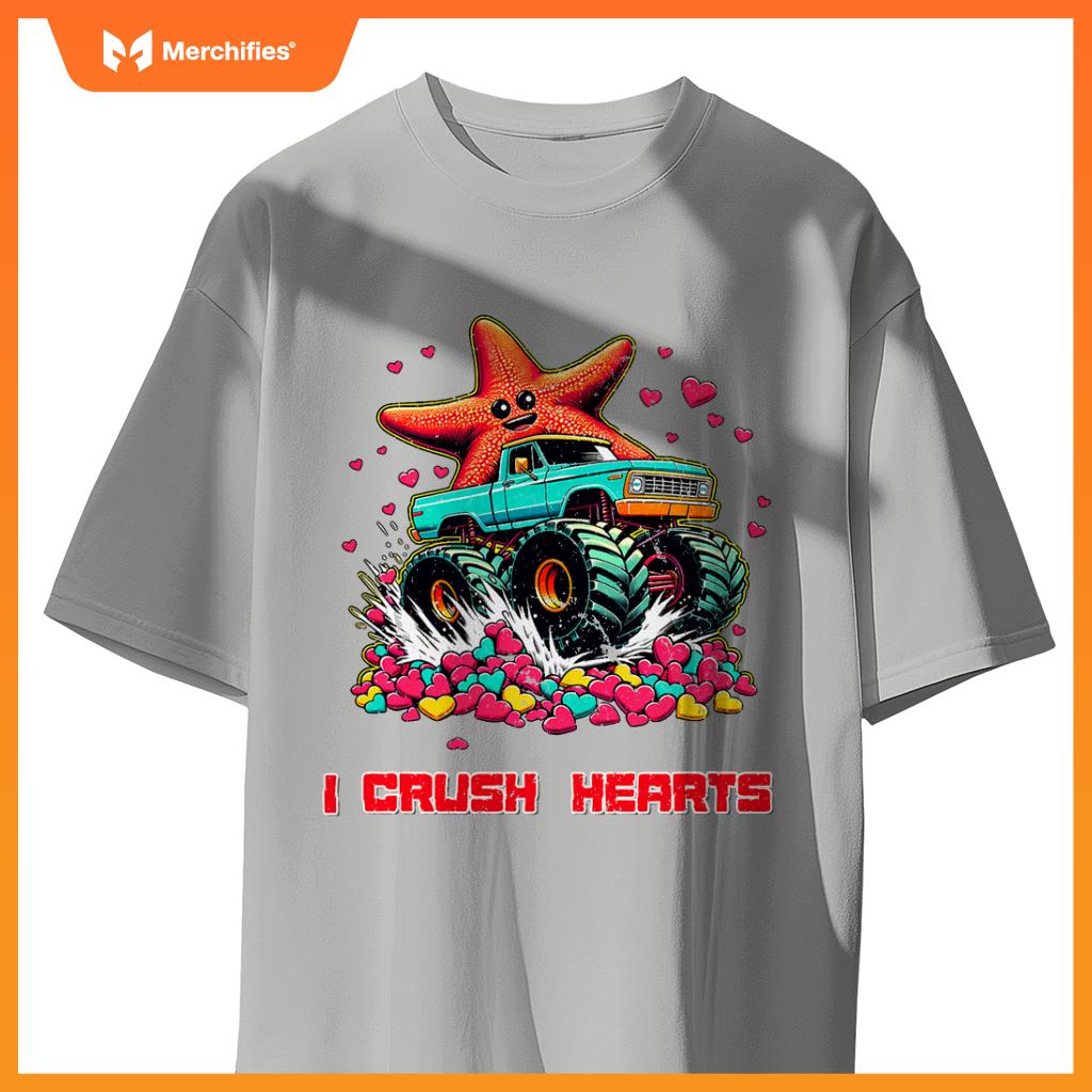 Monster Truck I Crush Hearts Starfish Valentines T-Shirt