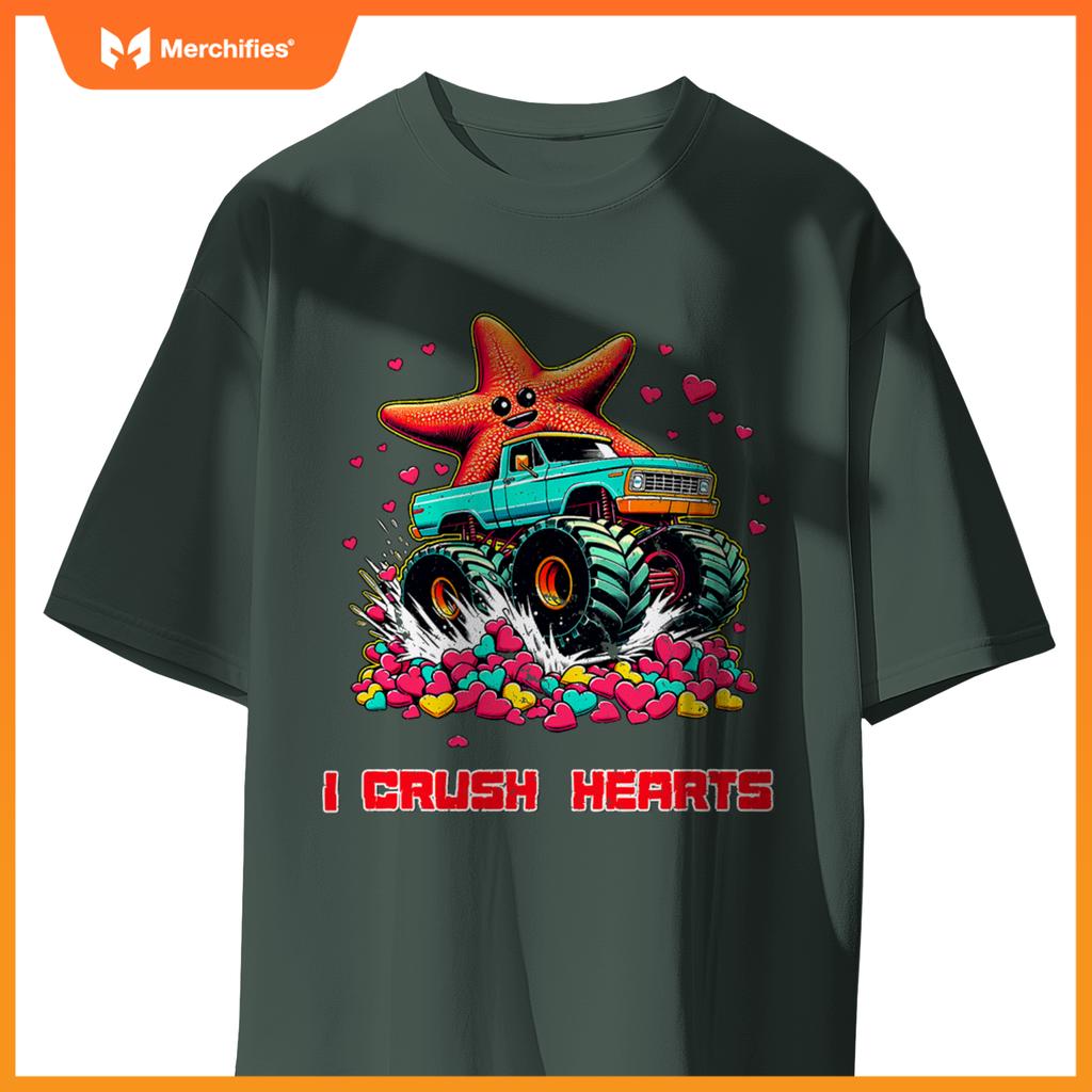 Monster Truck I Crush Hearts Starfish Valentines T-Shirt