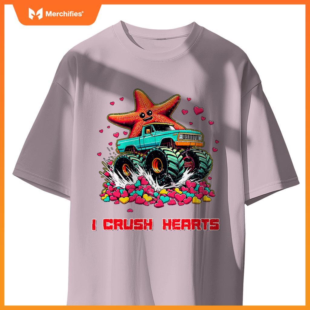 Monster Truck I Crush Hearts Starfish Valentines T-Shirt